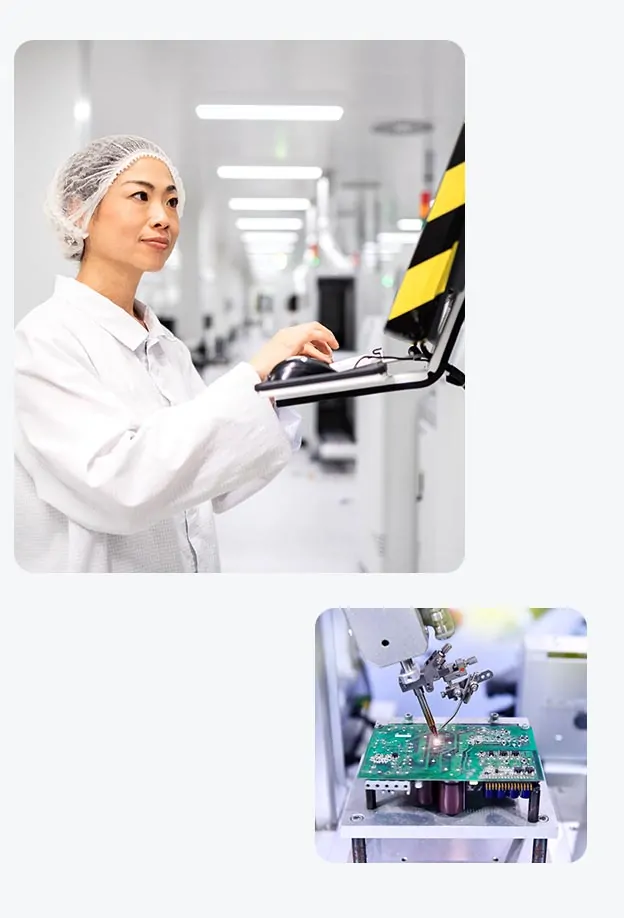 about22 Top: Worker in cleanroom operating equipment for eWEAT product manufacturing - eweat.com Bottom: Precision soldering process for eWEAT circuit boards in production - eweat.com