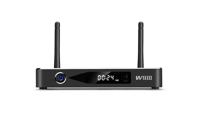 pro4 EWEAT W9III 4K Smart TV Box with digital display and antennas for enhanced streaming, available at eweat.com
