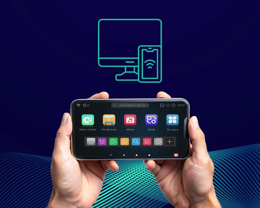pro21 Hands holding smartphone with EWEAT HiFi Music Streamer control app interface, demonstrating screen mirroring control feature - eweat.com