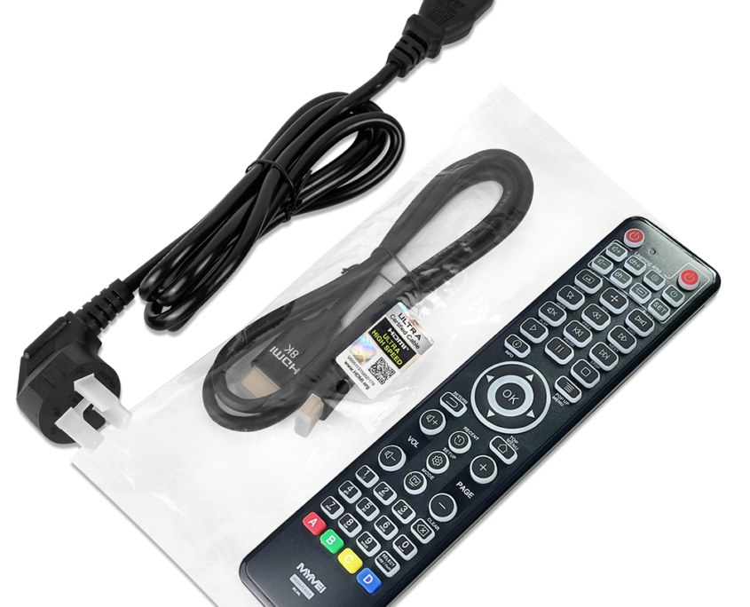 Accessories for eweat.com's 8K Blu - ray player including remote control, HDMI cable, and power cord