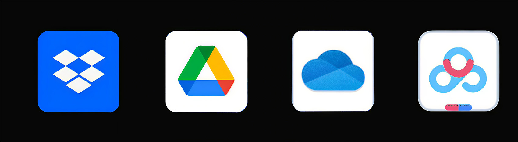 Icons of popular cloud - storage apps including Dropbox, Google Drive, OneDrive, and iCloud