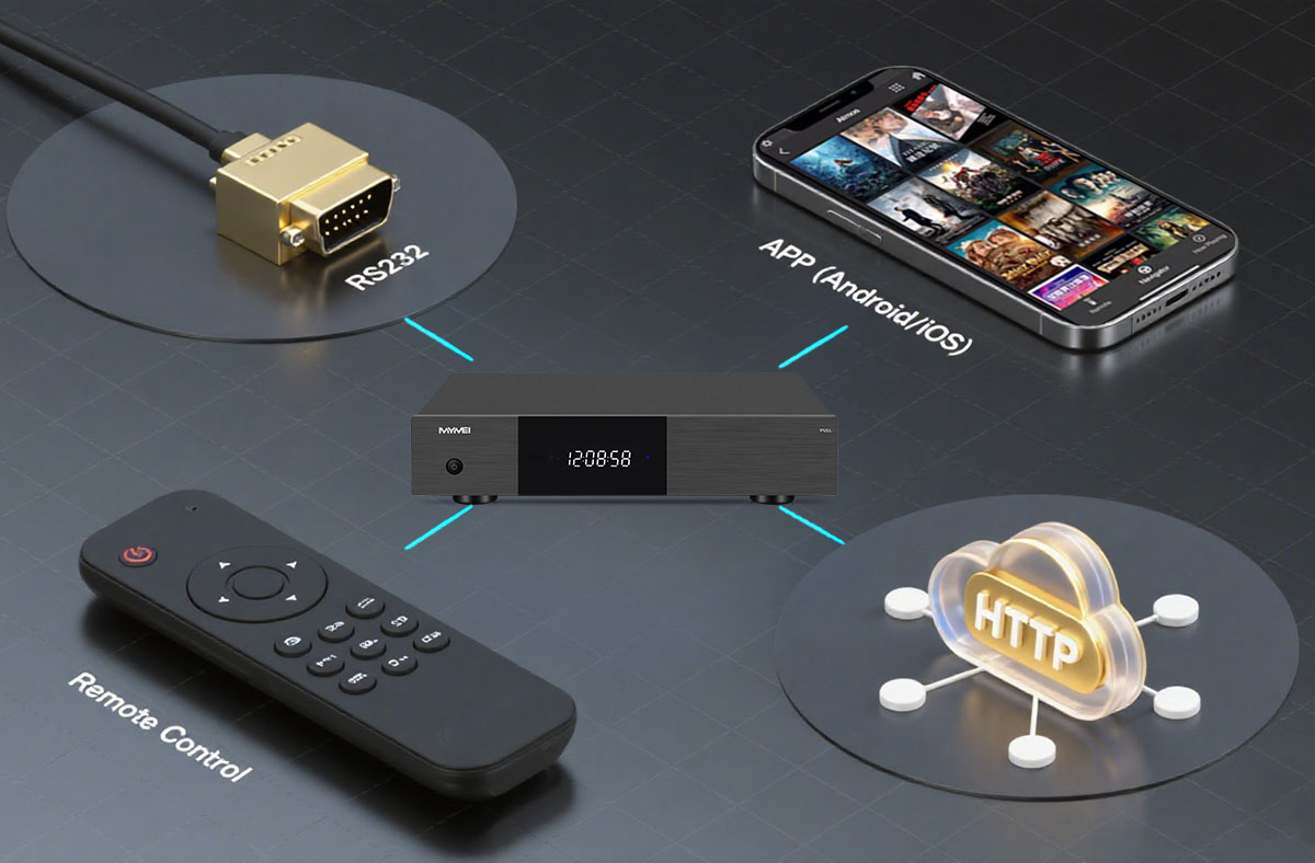 Multi - control methods for eweat.com's 8K video player: RS232, remote control, mobile app (Android/iOS), and HTTP connectivity