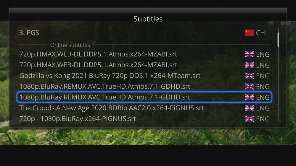 Subtitle selection interface of eweat.com's 8K video player with various subtitle options for enhanced viewing experience