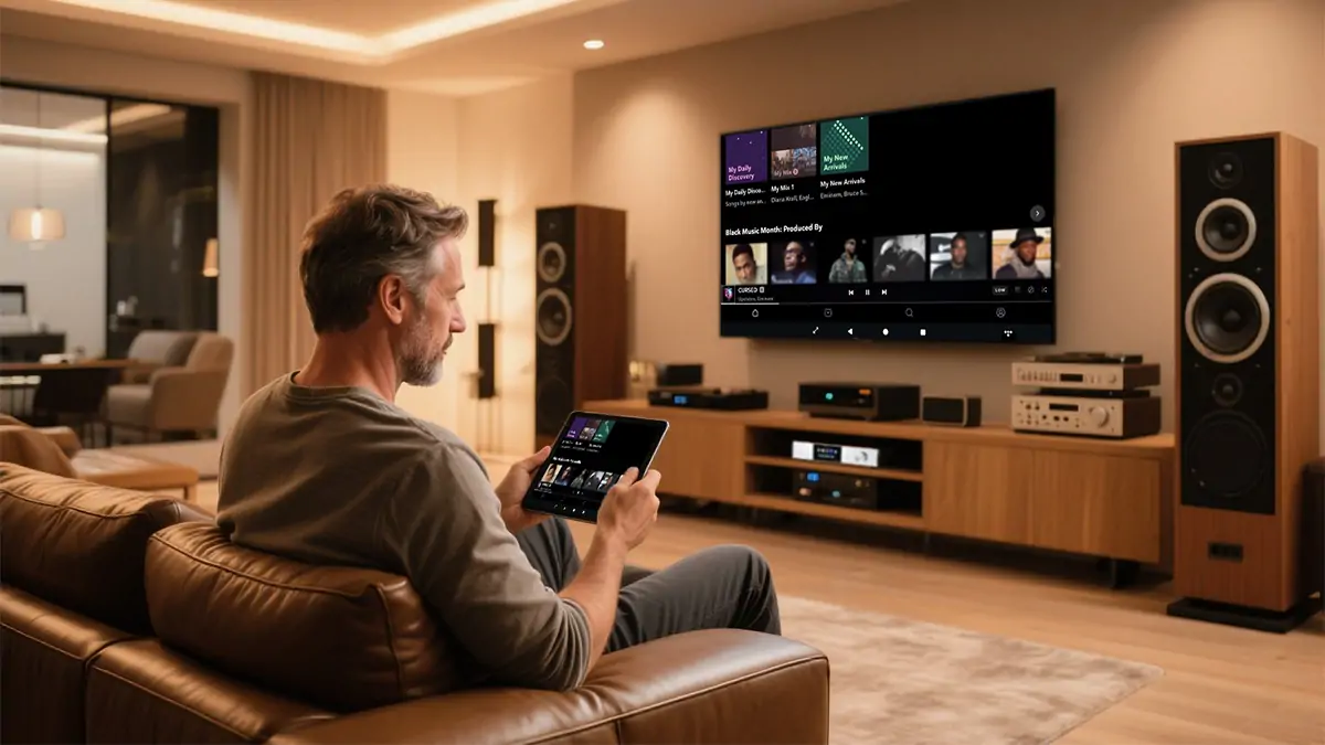 Man Controlling HiFi Music Player with Tablet in Living Room Setup Featuring TV and Audio Speakers - eweat.com