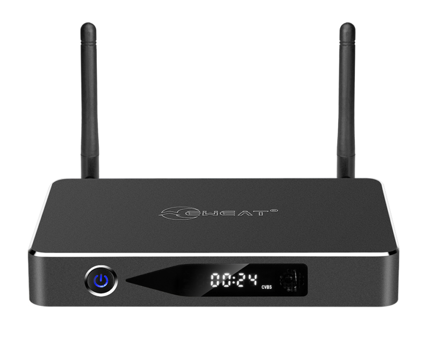 EWEAT W9III 4K Smart TV Box with digital display and antennas for enhanced streaming, available at eweat.com