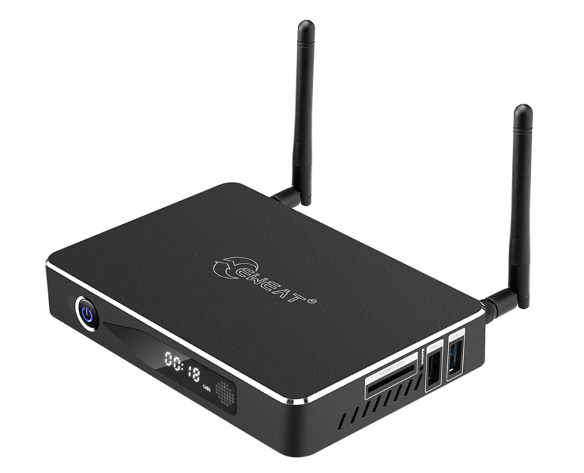 EWEAT W9III 4K Smart TV Box with digital display and antennas for enhanced streaming, available at eweat.com