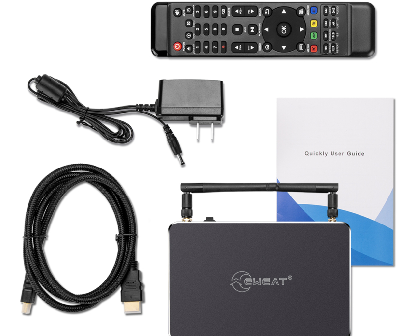 EWEAT 4K Smart TV Box with accessories including remote control, power adapter, HDMI cable, and user guide, available at eweat.com