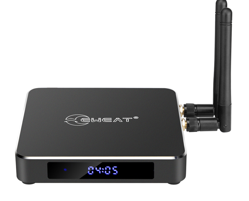 EWEAT 4K Smart TV Box with digital display and antennas for enhanced streaming, available at eweat.com