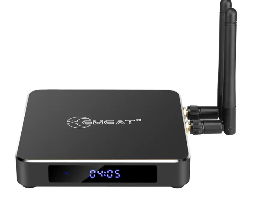 EWEAT 4K Smart TV Box with digital display and antennas for enhanced streaming, available at eweat.com