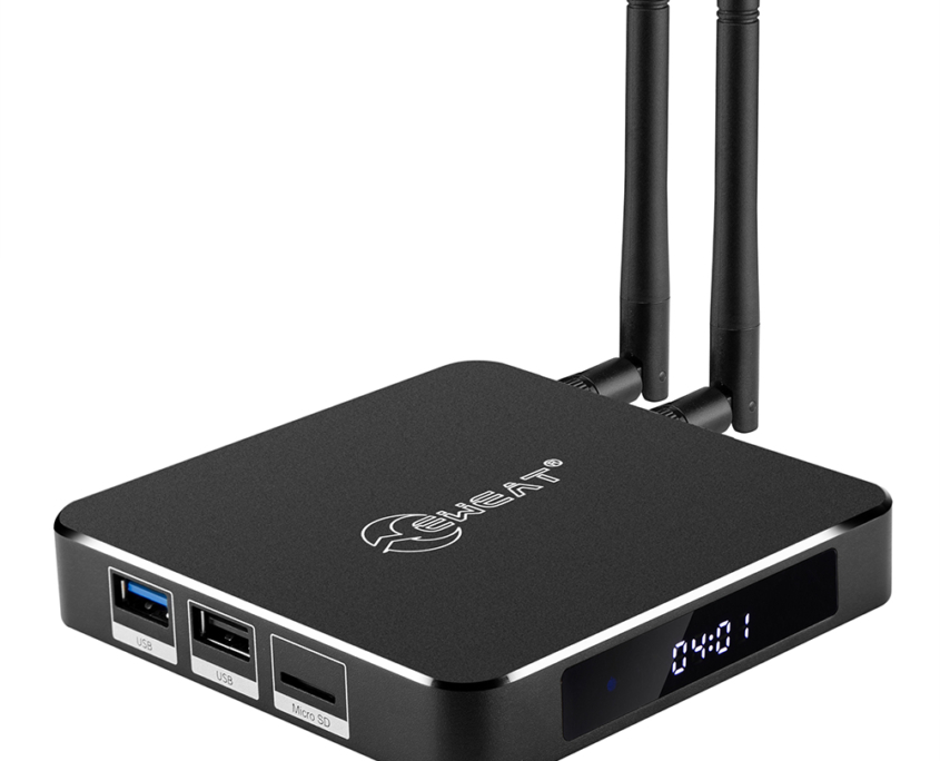EWEAT 4K Smart TV Box with digital display and antennas for enhanced streaming, available at eweat.com