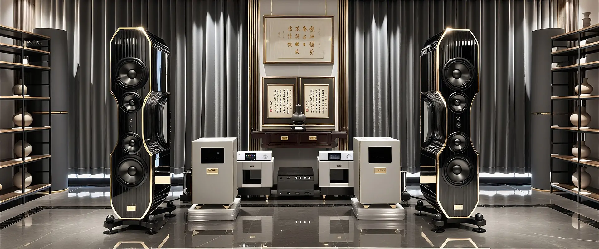 High - end audio system setup featuring premium speakers and components, ideal for eweat.com's high - end DMP35 Hifi music streamer and DMP50 digital music player in your living room