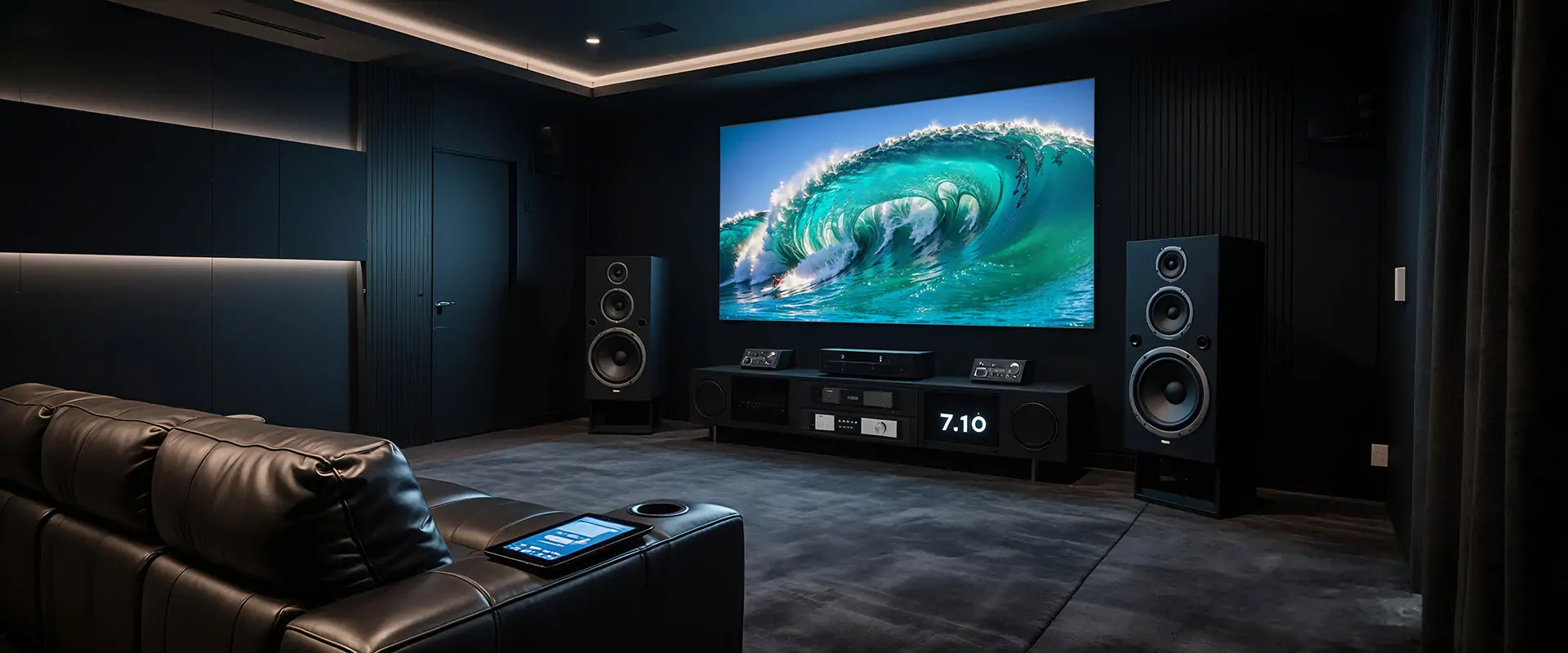 High - end home theater with large screen and premium audio system, perfect for eweat.com's high - end 8K Blu - ray hard drive video player