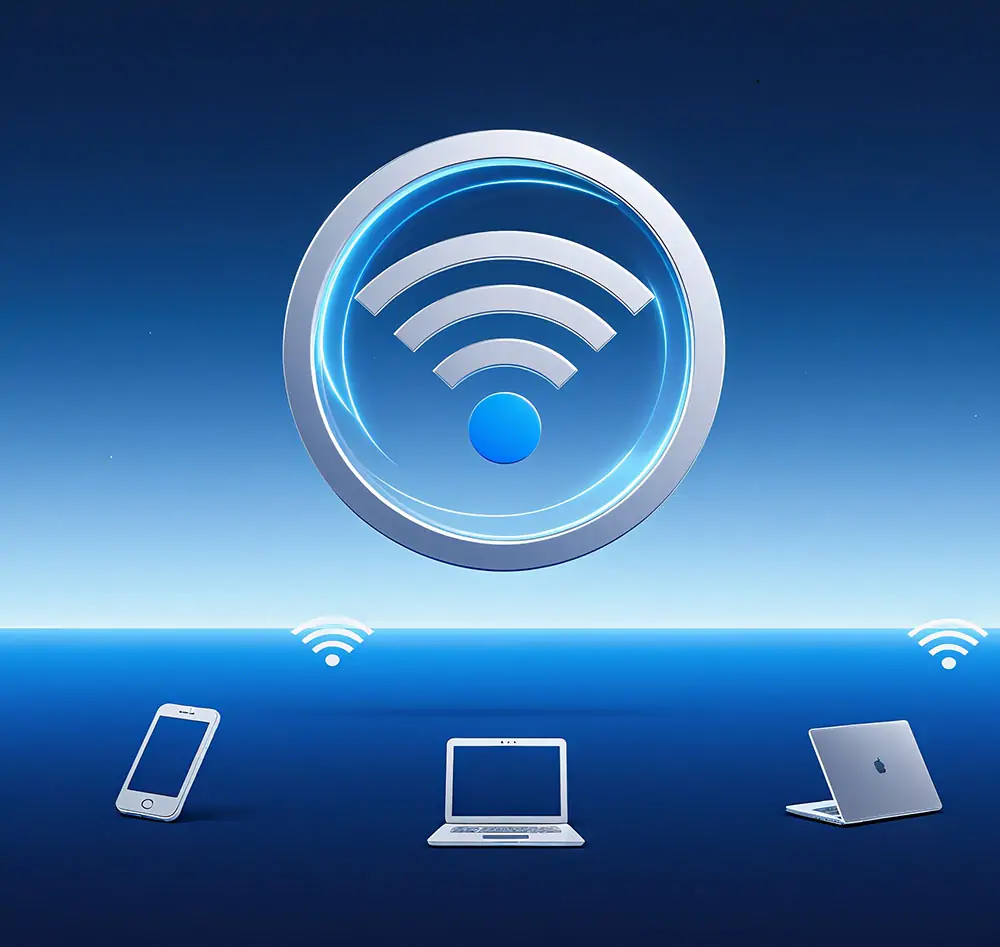 eweat-hifi-music-streamer-wifi6 HIFI Music Player WiFi 6 Connectivity Illustration - Featuring WiFi Symbol, Smartphone, Laptops, and Wireless Connection Visualization - eweat.com