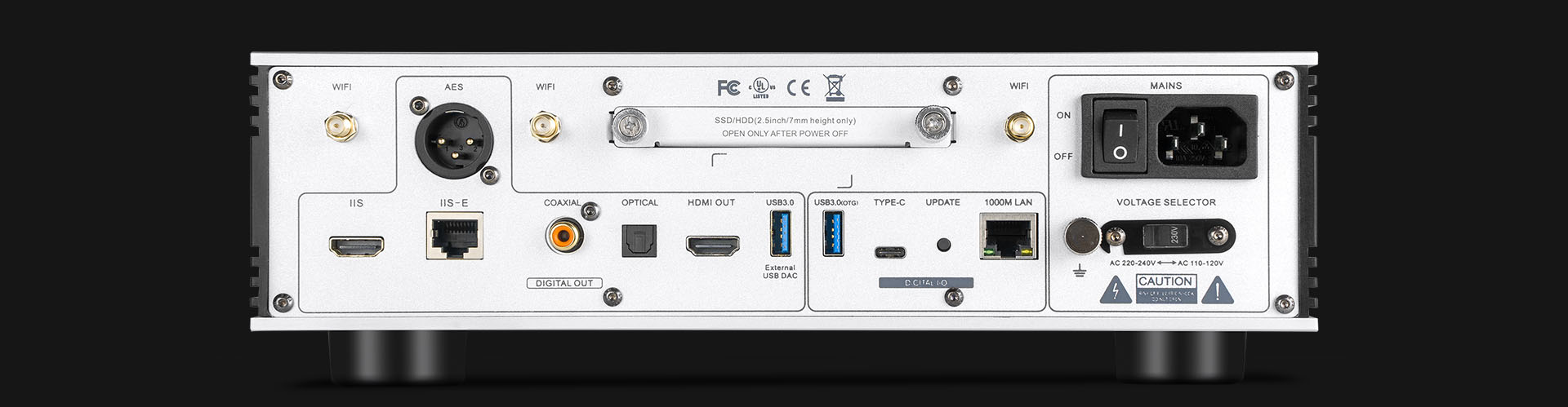Rear panel of EWEAT streaming music player with various connectivity ports, available at eweat.com for versatile audio connections