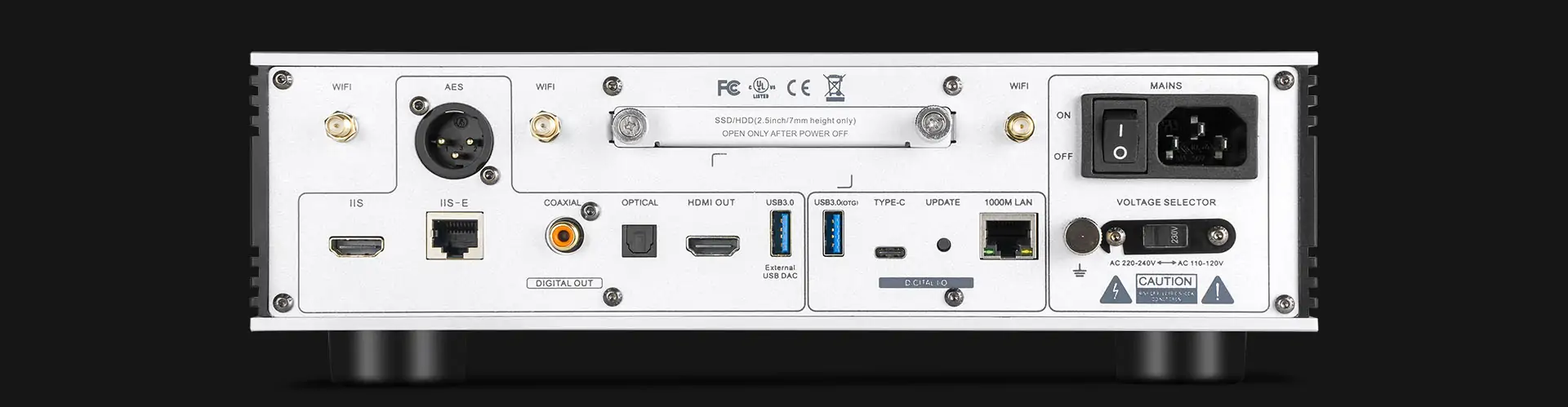 eweat-hifi-music-streamr-backside Rear panel of EWEAT streaming music player with various connectivity ports, available at eweat.com for versatile audio connections