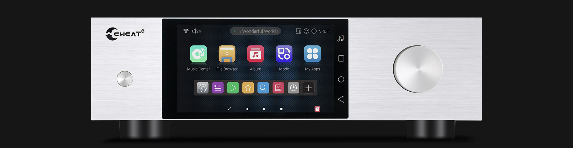 EWEAT streaming music player with touchscreen interface, available at eweat.com for high - quality D35 hifi music streaming