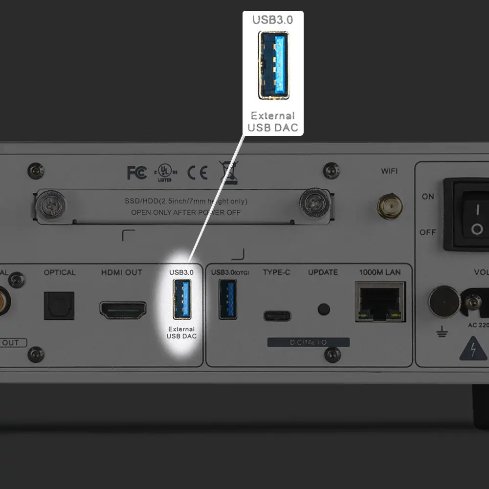 eweat-hifi-music-streamr-usb3.0 usb3.0 of EWEAT streaming music player with various connectivity ports, available at eweat.com for versatile audio connections