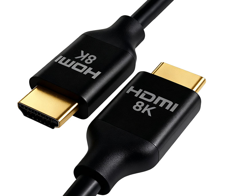 Black HDMI 8K Cable with Gold-Plated Connectors on White Wool Surface