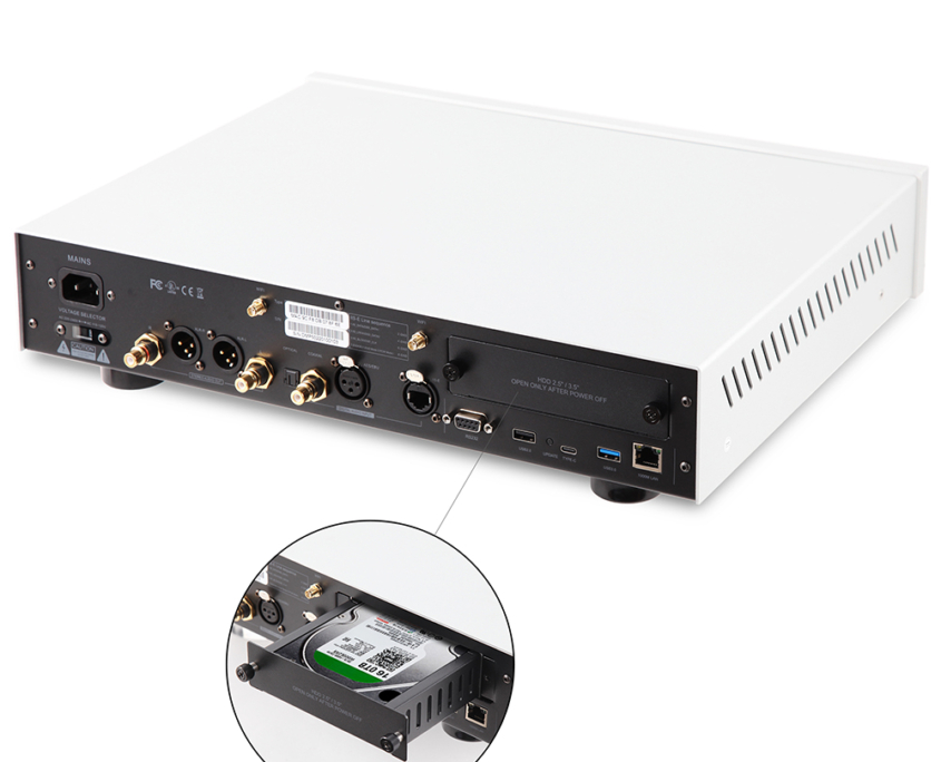 Rear view of EWEAT audio device with multiple ports for high - fidelity sound connectivity, available at eweat.com