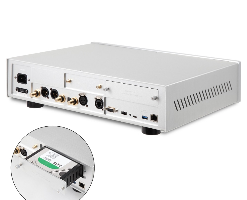 Rear view of EWEAT silver audio - video device with various ports and a hard drive, ideal for high - quality sound & video solutions at eweat.com