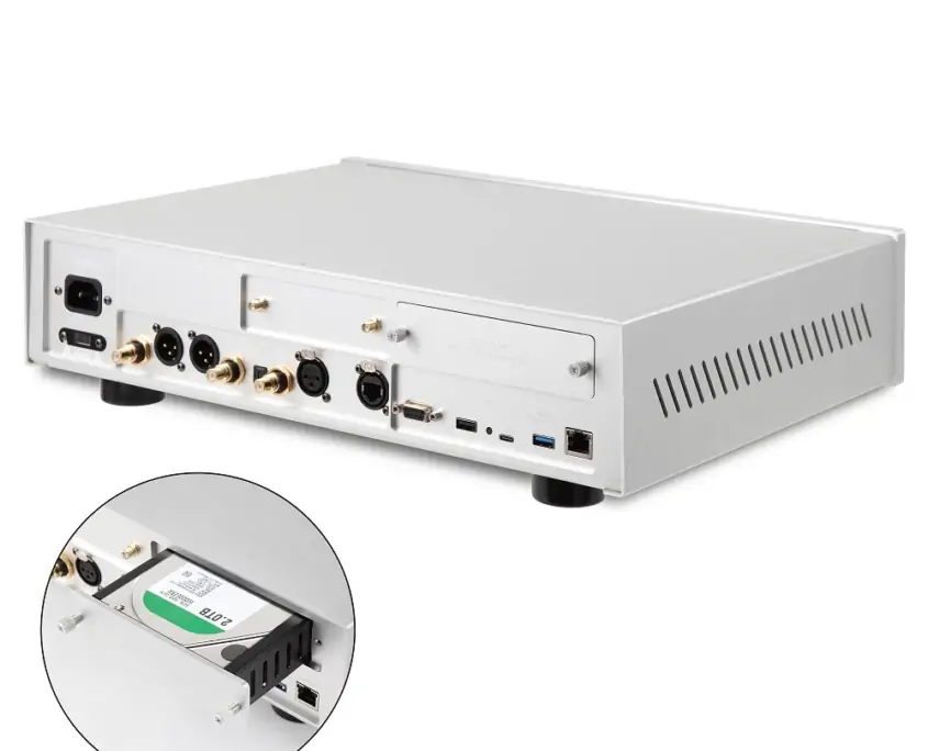 Rear view of EWEAT silver audio - video device with various ports and a hard drive, ideal for high - quality sound & video solutions at eweat.com