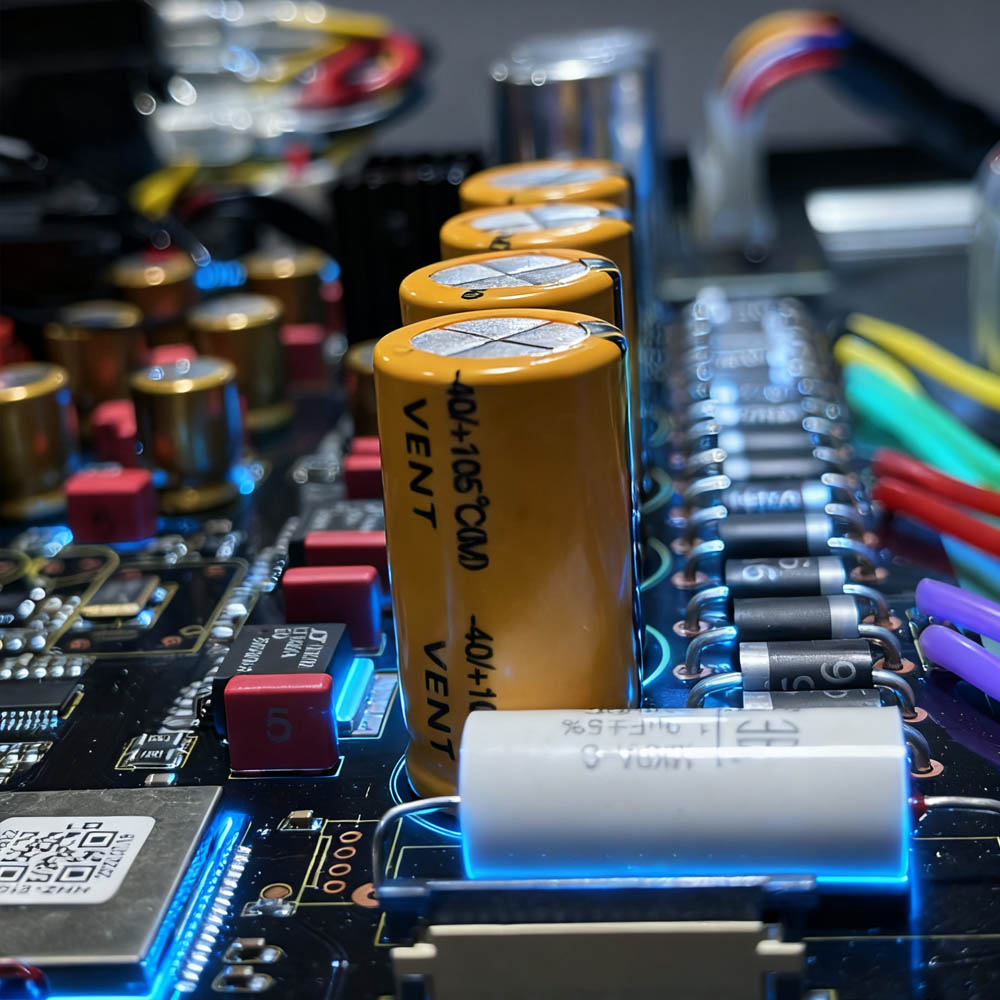 High - quality electrolytic capacitors and various electronic components on a circuit board, crucial for eweat.com's advanced audio - video products