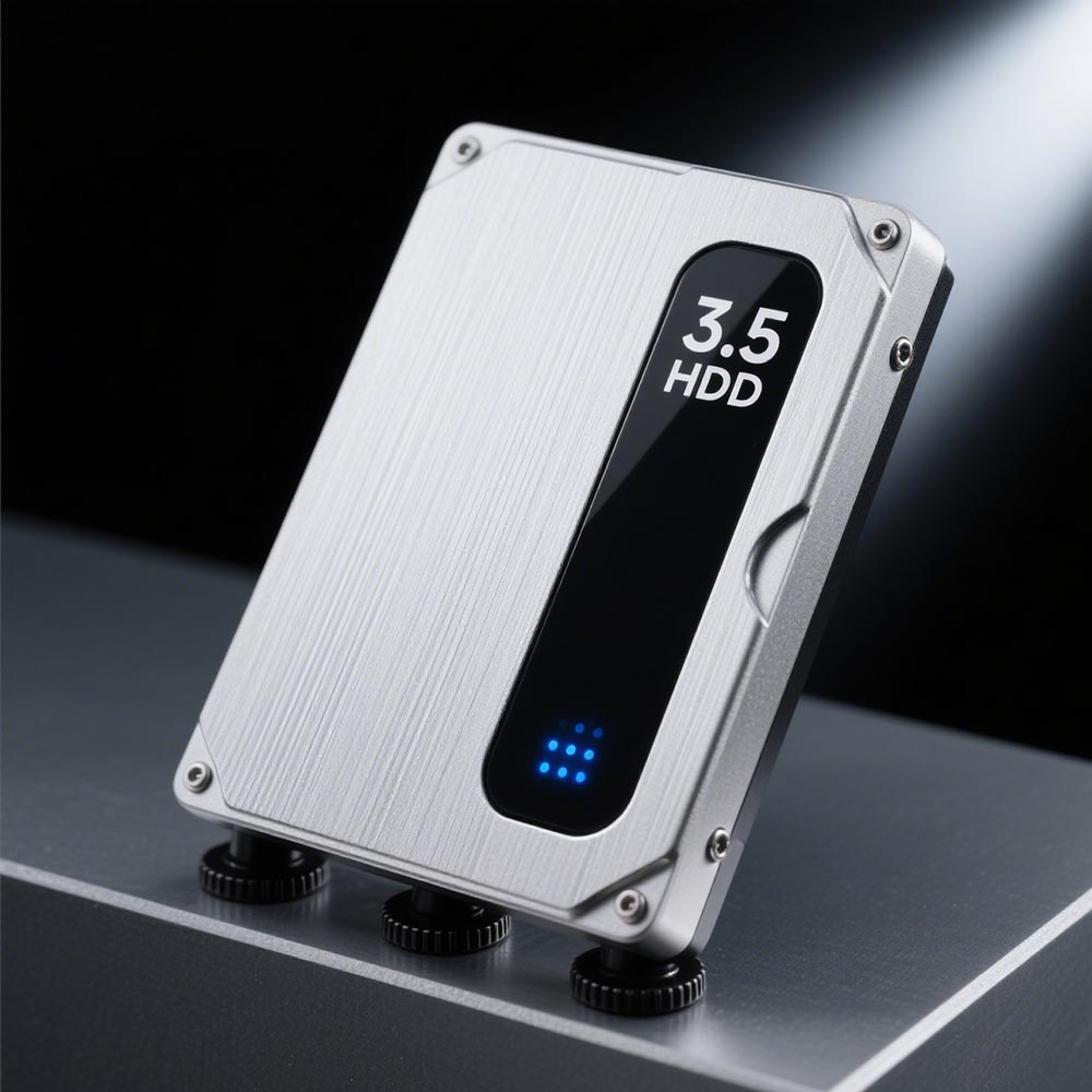 3.5 - inch HDD storage device with metallic silver finish and status indicator lights use for digital music player