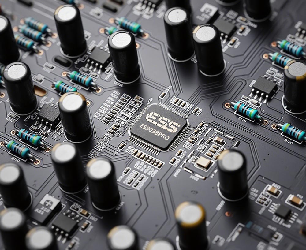 Close - up of circuit board with ESS ES9038PRO chip, key component for high - fidelity audio in eweat.com's high - end digital music player